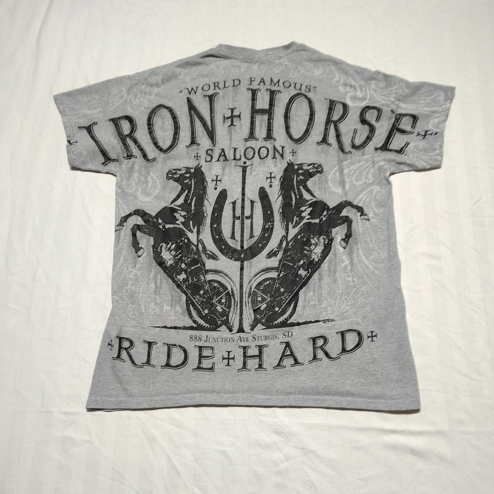 Iron Horse Saloon Shirt Mens Medium Gray Cotton Biker Sturgis Ride Hard Graphic